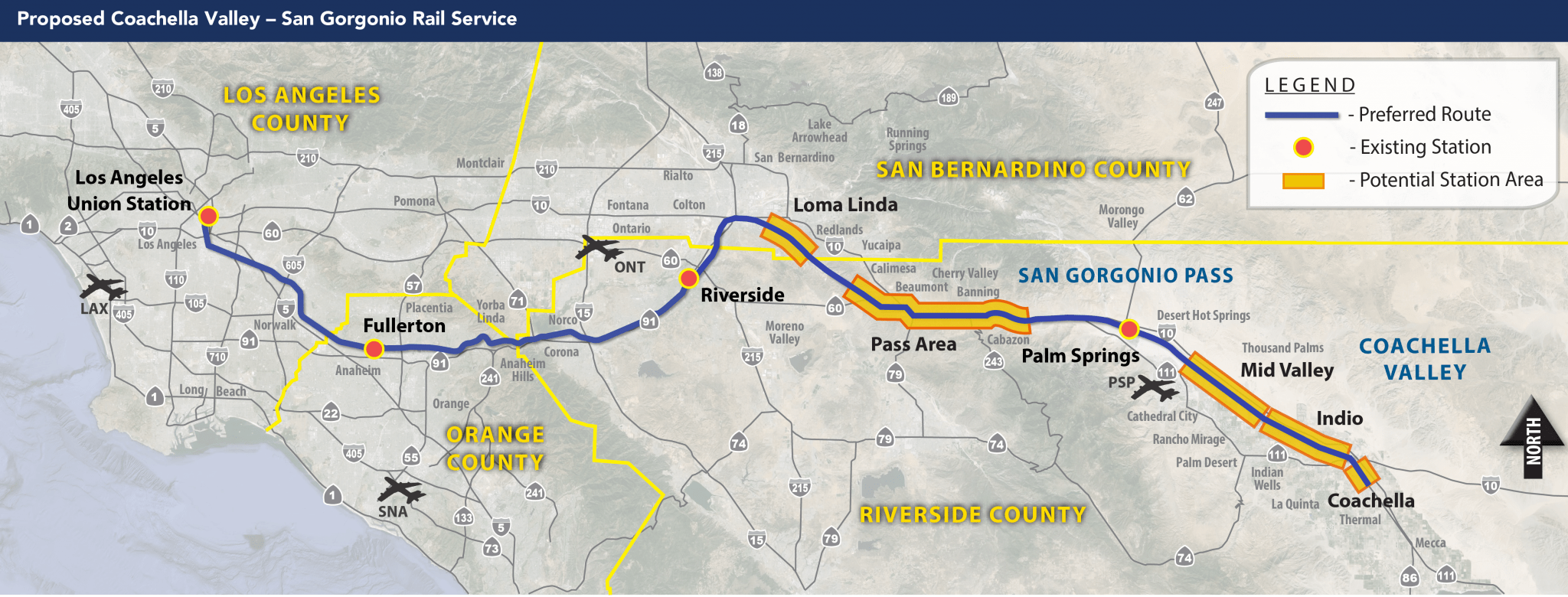 map showing train route with stops in Los Angeles, Fullerton, Riverside, Palm Springs, with potential future stops in Loma Linda, Pass Area, and Mid-Valley including Indio and Coachella