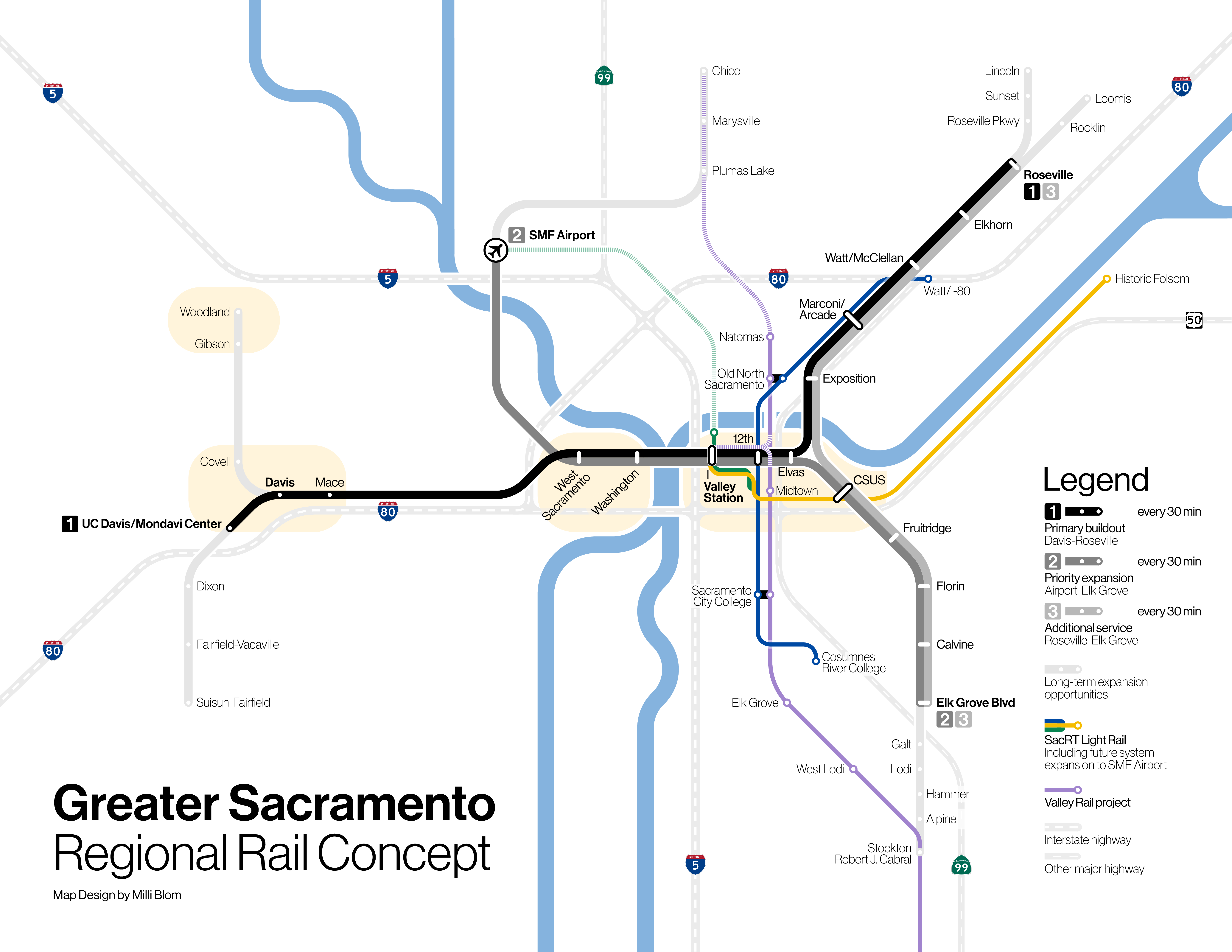 Greater Sacramento Regional Rail Concept. Map design by Milli Bloom. Map shows a priority buildout from UC Davis medical center to Roseville, with stops at Davis, Mace, West Sacramento, Washington, Sac Valley, 12th st., Elvas, Exposition, Marconi/Arvade, West/McClellan, Elkhorn A secondary buildout connects Elk Grove to the SMF airport, with Elk Grove-Roseville service on the same infrastructure. Further buildouts include extensions to Woodland and Suisun-Fairfield